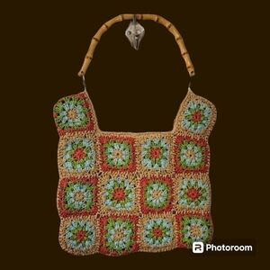 VTG Madison STUDIO Cornhusk Granny Crochet Bamboo Handle Beach Festival Bag